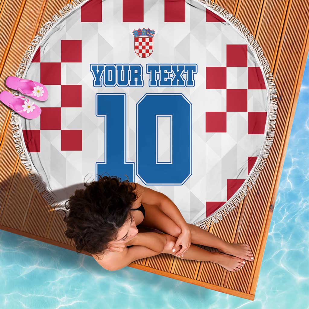 Round Croatia beach blanket with 'Your Text' over red checkered flag and fringed border