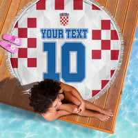 Round Croatia beach blanket with 'Your Text' over red checkered flag and fringed border