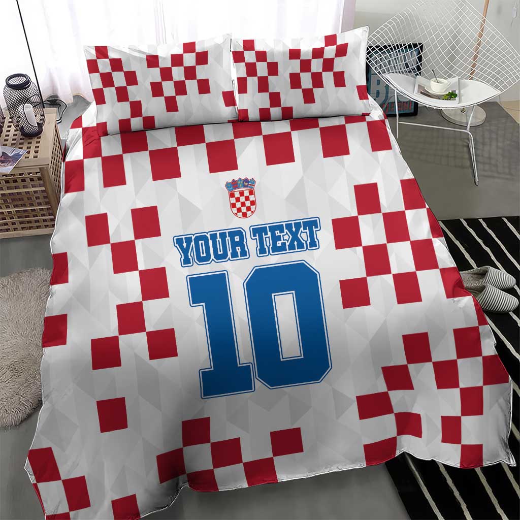 White duvet cover with red checkered pattern, custom text, and number 10 graphic