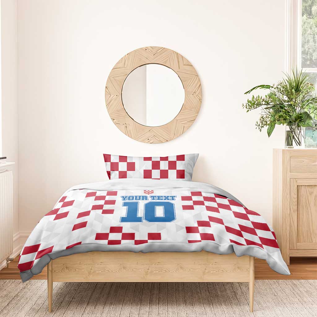 White bedding set with red checkered top and custom text number 10 on duvet