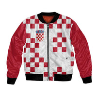 White and red checkered bomber jacket with zipper, black ribbed collar and cuffs, crest logo