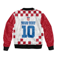 White/red checkered bomber jacket, back print 'YOUR TEXT' 10, black ribbed hem
