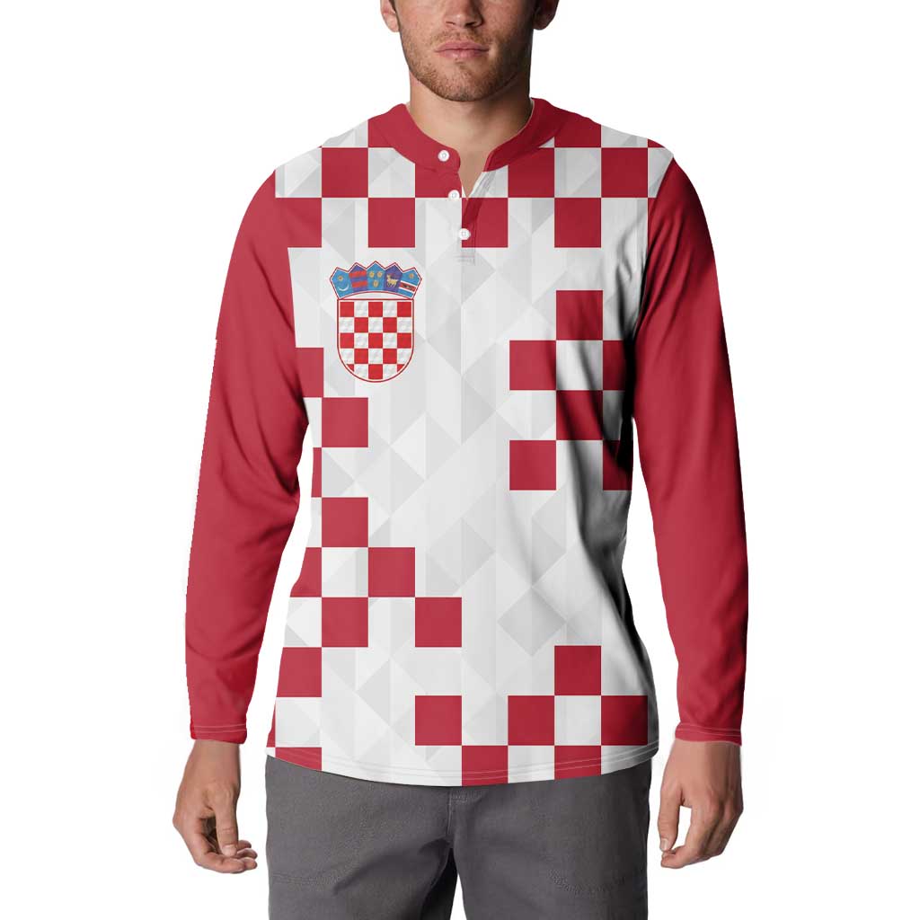 Long-sleeve button sweatshirt with red-and-white checker graphic and crest