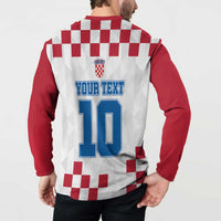 Long-sleeve button sweatshirt back with 'YOUR TEXT' and blue number 10 on red sleeves