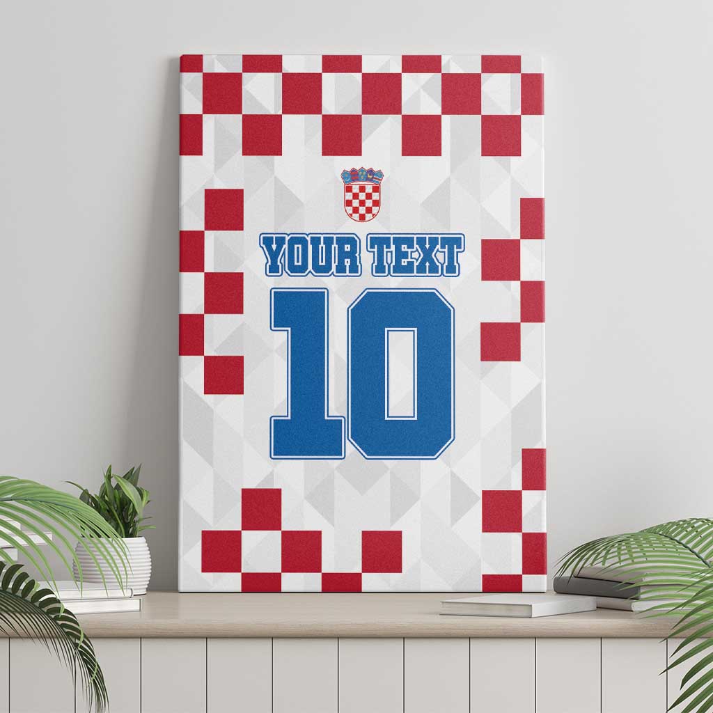Canvas wall art on shelf, red check pattern, Croatia crest, "YOUR TEXT" and blue 10
