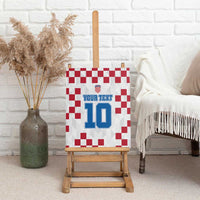Canvas wall art on floor easel, red check pattern, Croatia crest, "YOUR TEXT" and blue 10