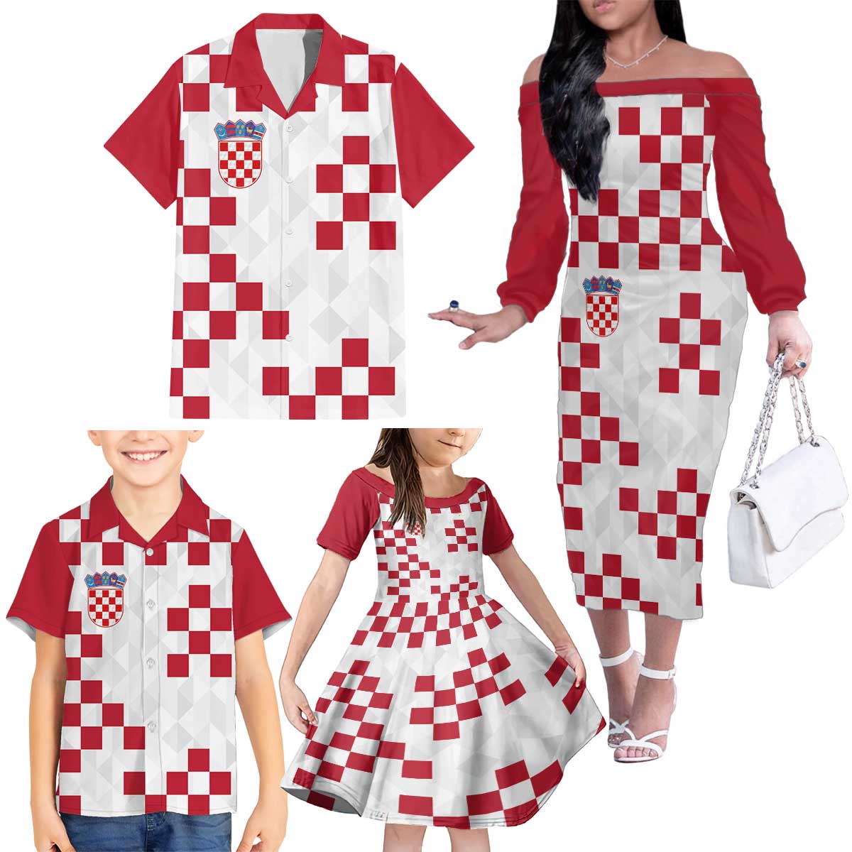 Custom Croatia Football 2024 Go Champion Family Matching Off The Shoulder Long Sleeve Dress and Hawaiian Shirt