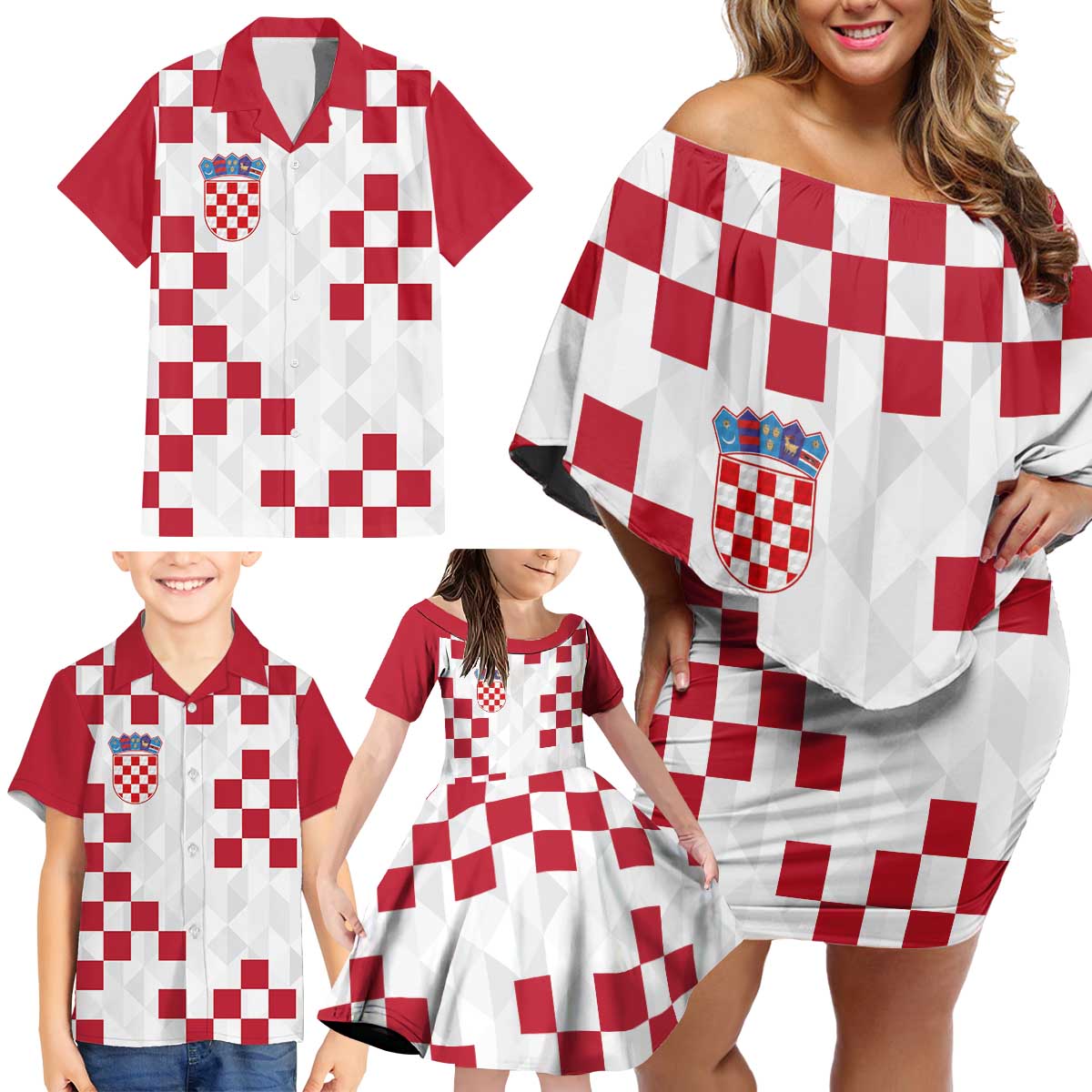 Custom Croatia Football 2024 Go Champion Family Matching Off Shoulder Short Dress and Hawaiian Shirt