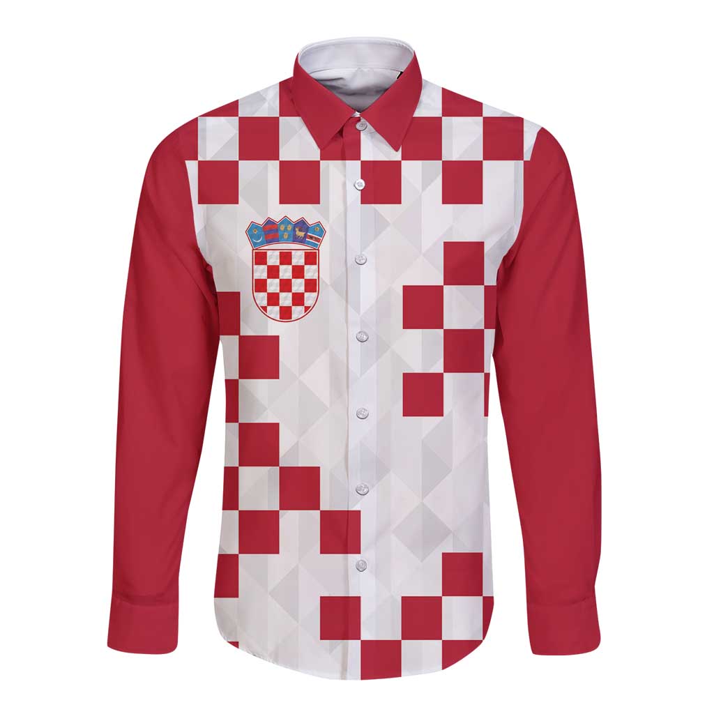 Red and white long-sleeve button shirt with checkerboard pattern and Croatia crest