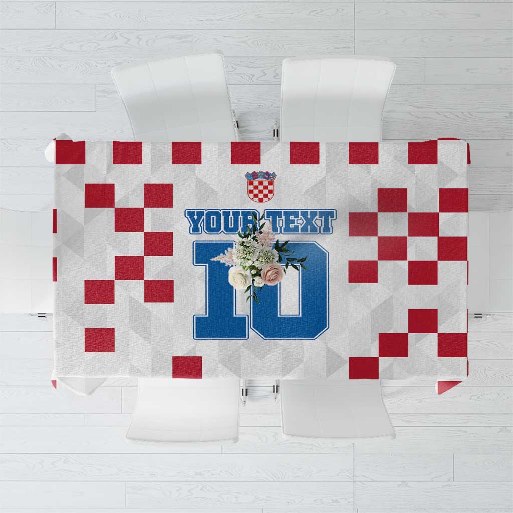Custom white tablecloth with red check pattern and blue Croatia-style emblem