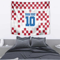 White tapestry with red checker background and blue 'YOUR TEXT' 10 crest design