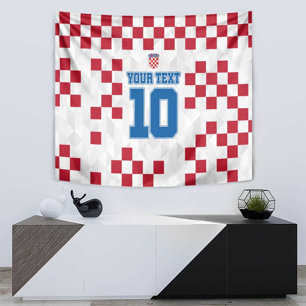 White tapestry with red checkerboard pattern, Croatia crest, and blue 'YOUR TEXT' 10