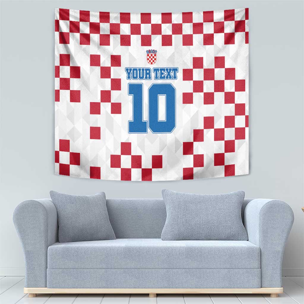 Square white tapestry with red checker pattern and blue 'YOUR TEXT' 10 design
