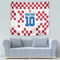 Square white tapestry with red checker pattern and blue 'YOUR TEXT' 10 design