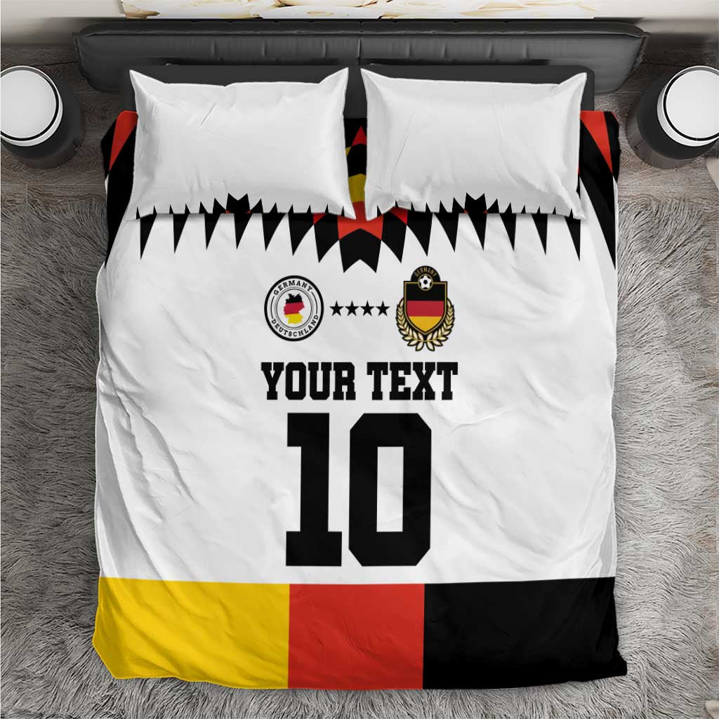 White bedding set with 'YOUR TEXT 10', football emblems, German flag bottom, 2 pillowcases