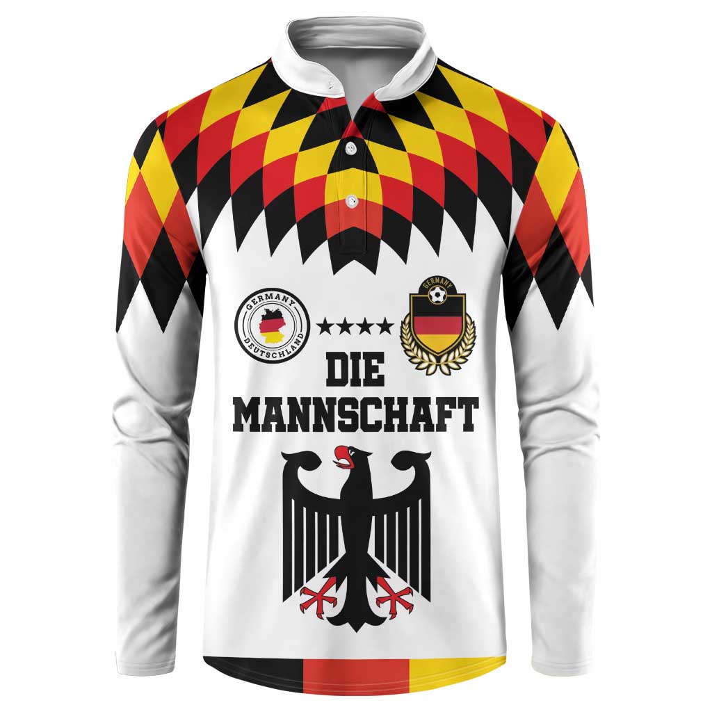 White button-front sweatshirt with multicolor zigzag pattern and Germany team graphic