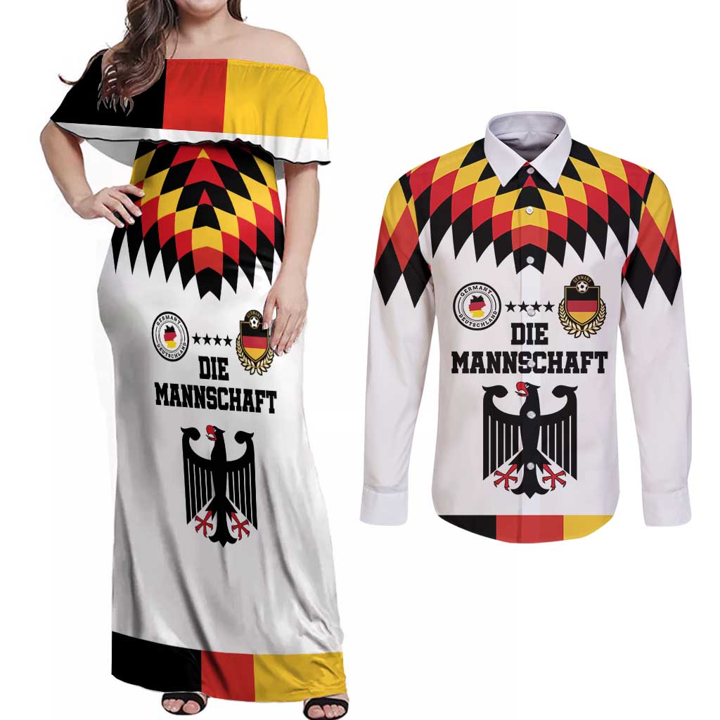 Custom Germany Football 2024 Go Champion Couples Matching Off Shoulder Maxi Dress and Long Sleeve Button Shirt Design 90s Style Home Color - Wonder Print Shop