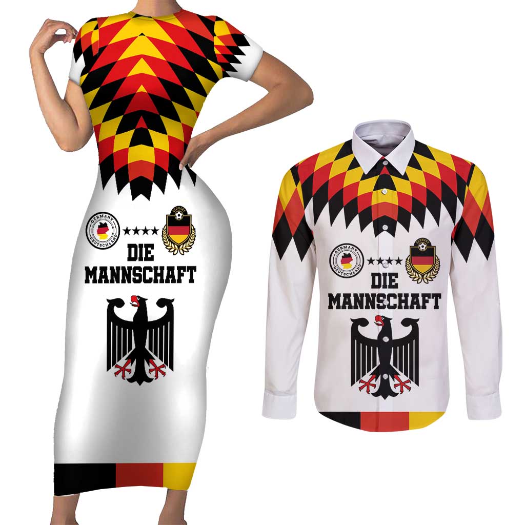 Custom Germany Football 2024 Go Champion Couples Matching Short Sleeve Bodycon Dress and Long Sleeve Button Shirt Design 90s Style Home Color - Wonder Print Shop