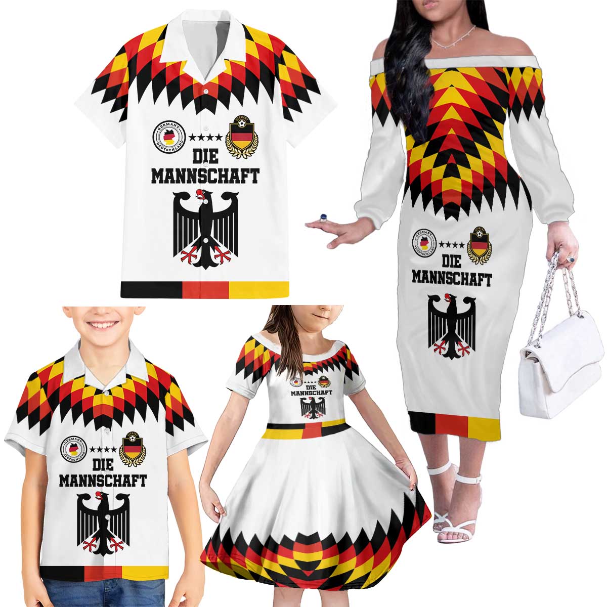 Custom Germany Football 2024 Go Champion Family Matching Off The Shoulder Long Sleeve Dress and Hawaiian Shirt Design 90s Style Home Color LT03