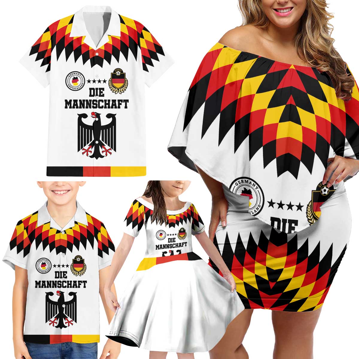 Custom Germany Football 2024 Go Champion Family Matching Off Shoulder Short Dress and Hawaiian Shirt Design 90s Style Home Color LT03