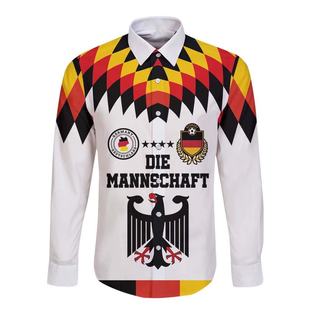Long-sleeve white button shirt with colorful zigzag print and 'DIE MANNSCHAFT' text