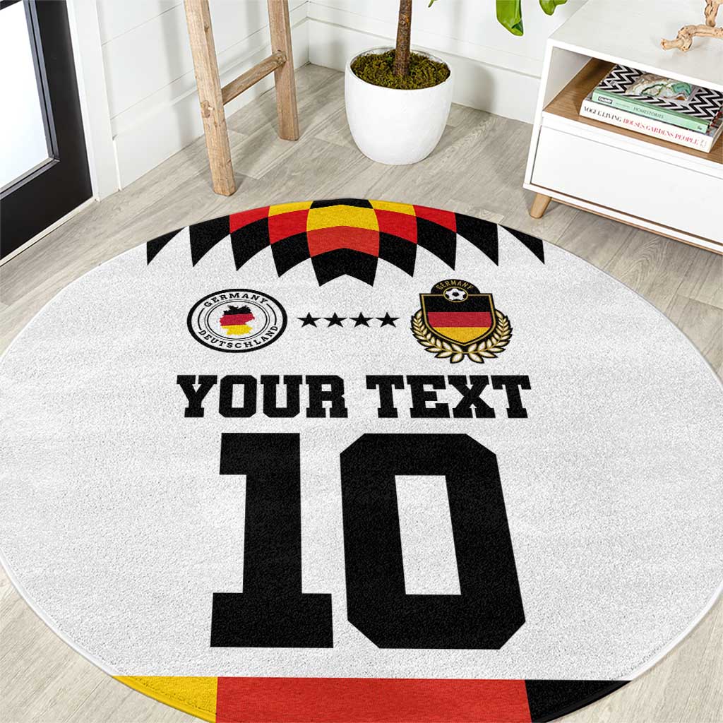 Round football-themed area rug with “YOUR TEXT 10”, Germany crest and stars on light gray
