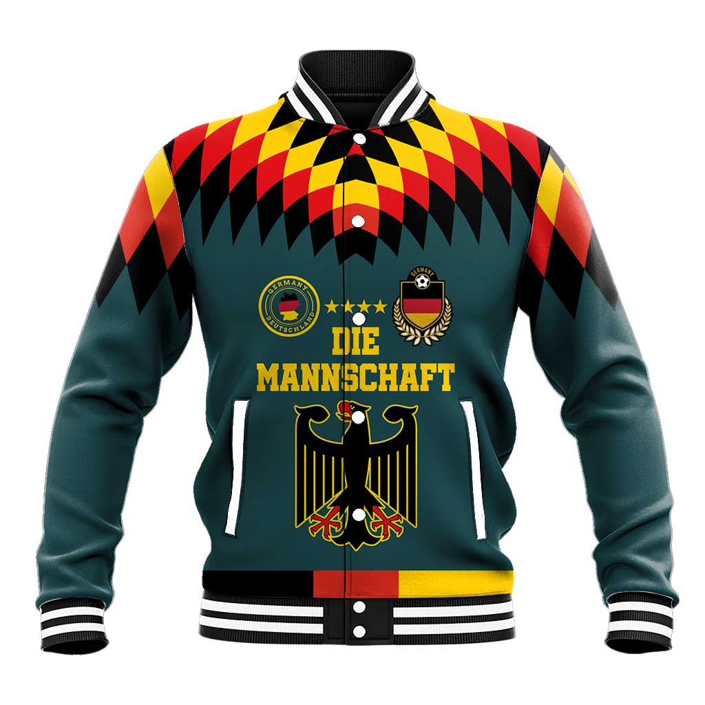 Teal baseball jacket with striped rib collar/cuffs, geometric yoke, crests and 'DIE MANNSCHAFT'