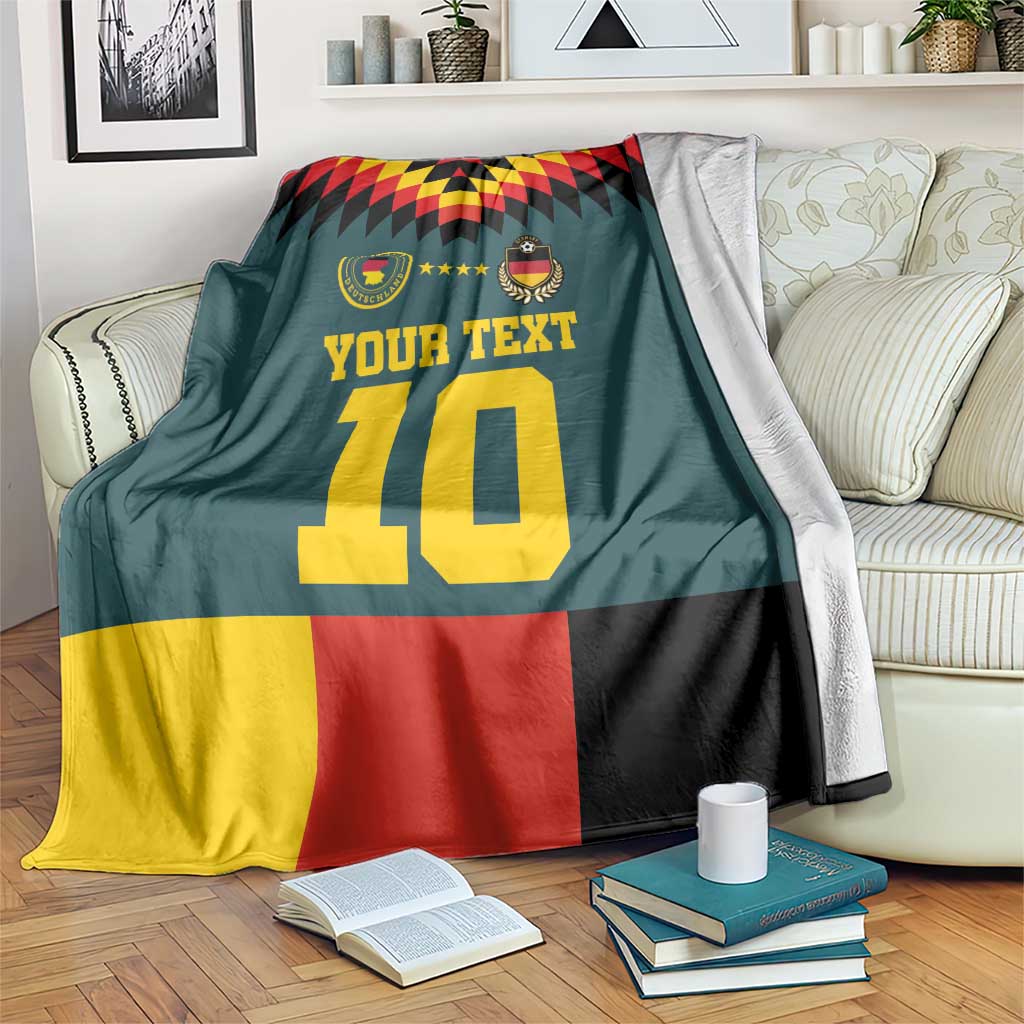 Teal football-style blanket with tricolor stripe panel, 'YOUR TEXT' and number 10 print