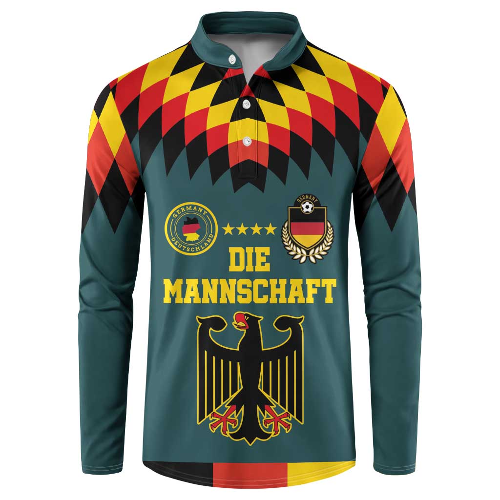 Teal button-up football sweatshirt with bold 'DIE MANNSCHAFT' front graphic and crest.