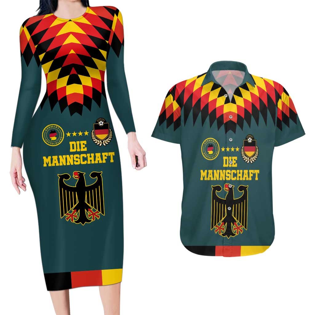 Custom Germany Football 2024 Go Champion Couples Matching Long Sleeve Bodycon Dress and Hawaiian Shirt Design 90s Style Away Color - Wonder Print Shop