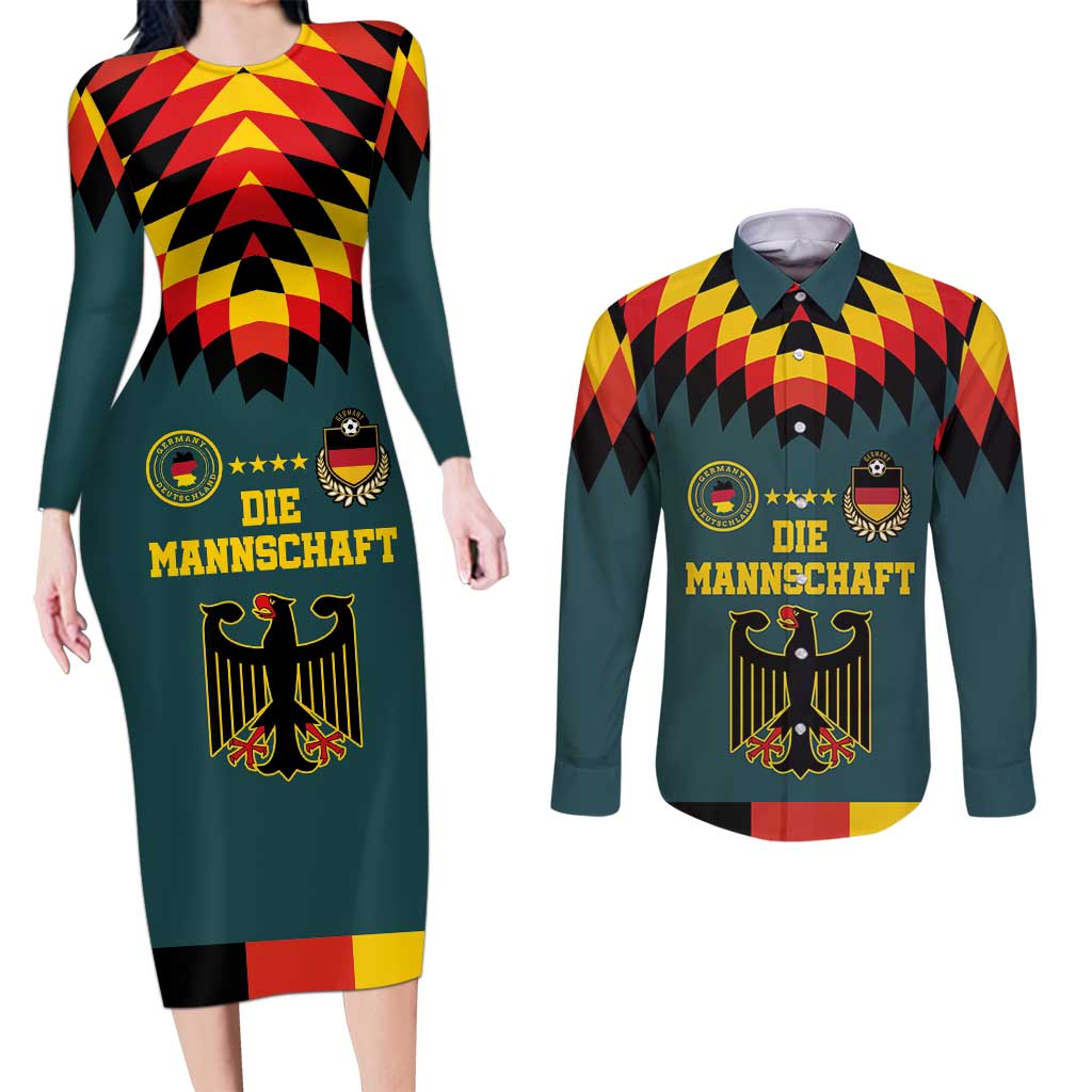 Custom Germany Football 2024 Go Champion Couples Matching Long Sleeve Bodycon Dress and Long Sleeve Button Shirt Design 90s Style Away Color - Wonder Print Shop