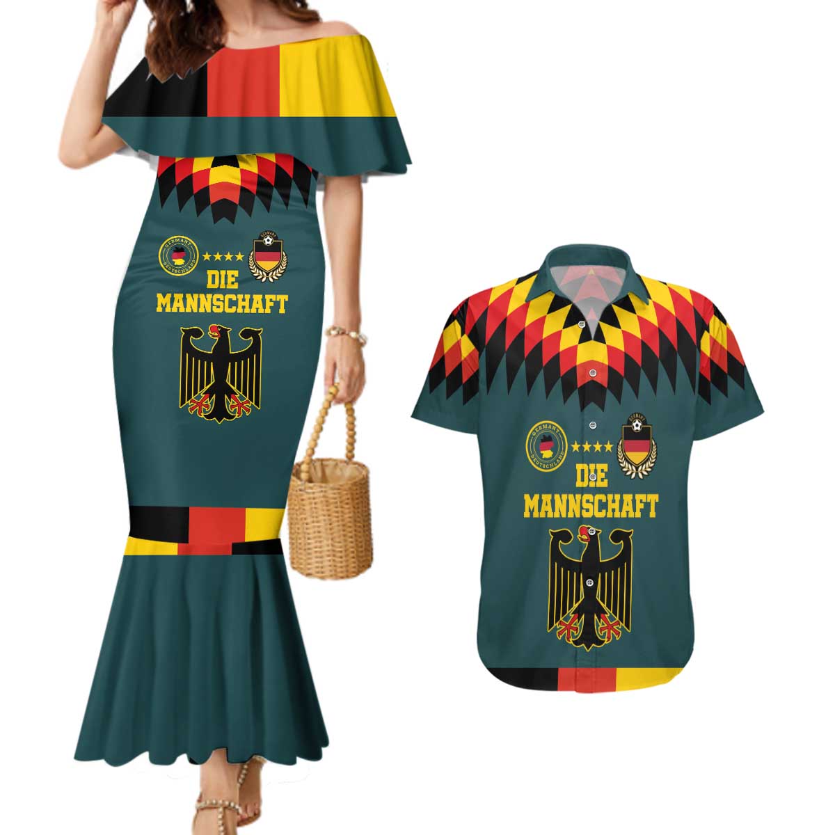 Custom Germany Football 2024 Go Champion Couples Matching Mermaid Dress and Hawaiian Shirt Design 90s Style Away Color - Wonder Print Shop