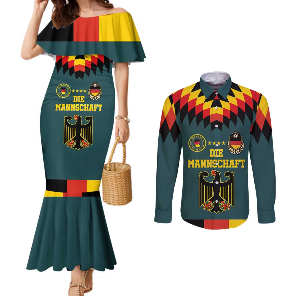 Custom Germany Football 2024 Go Champion Couples Matching Mermaid Dress and Long Sleeve Button Shirt Design 90s Style Away Color LT03