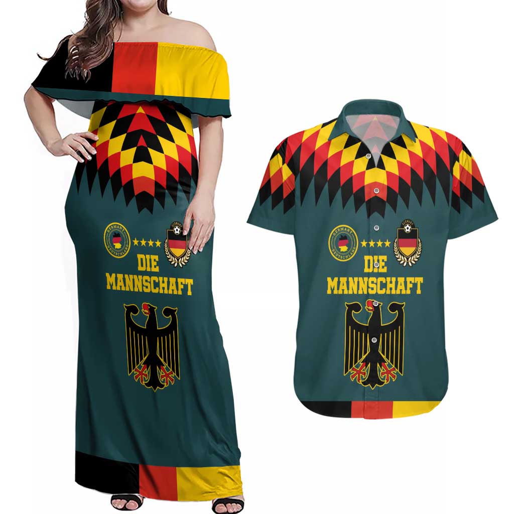 Custom Germany Football 2024 Go Champion Couples Matching Off Shoulder Maxi Dress and Hawaiian Shirt Design 90s Style Away Color - Wonder Print Shop