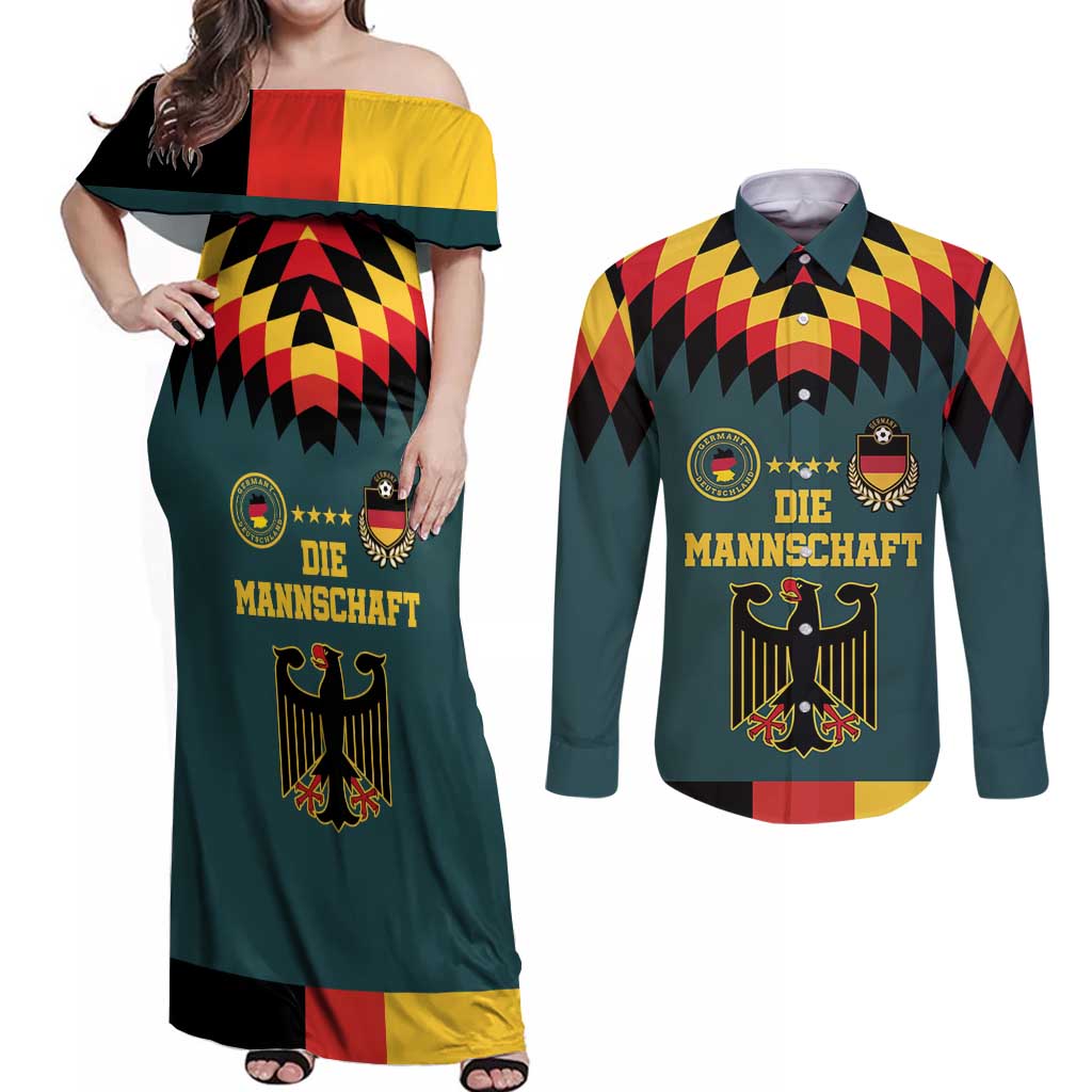 Custom Germany Football 2024 Go Champion Couples Matching Off Shoulder Maxi Dress and Long Sleeve Button Shirt Design 90s Style Away Color - Wonder Print Shop