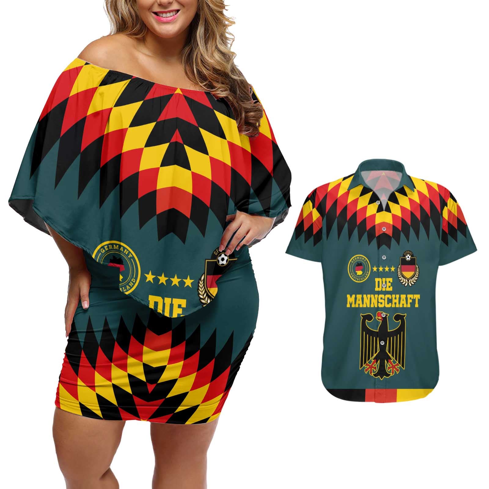 Custom Germany Football 2024 Go Champion Couples Matching Off Shoulder Short Dress and Hawaiian Shirt Design 90s Style Away Color - Wonder Print Shop