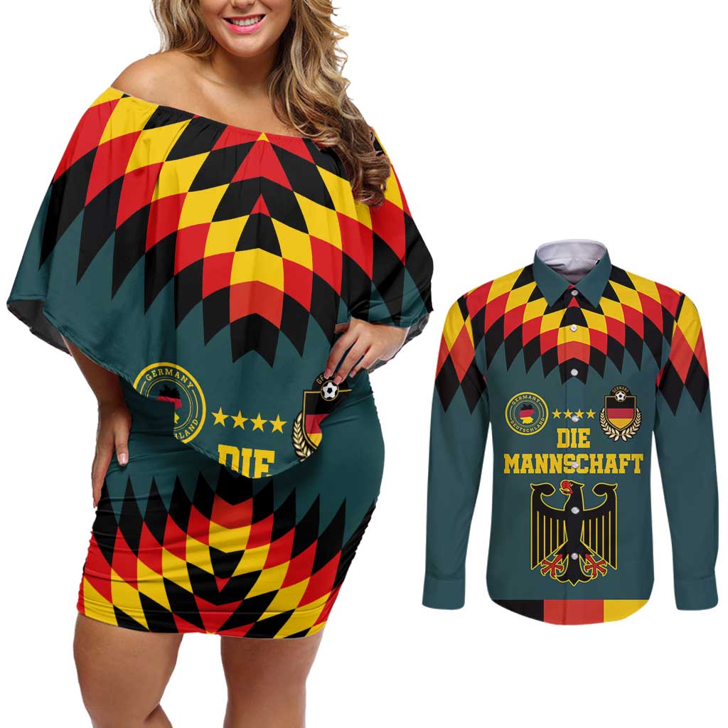 Custom Germany Football 2024 Go Champion Couples Matching Off Shoulder Short Dress and Long Sleeve Button Shirt Design 90s Style Away Color - Wonder Print Shop