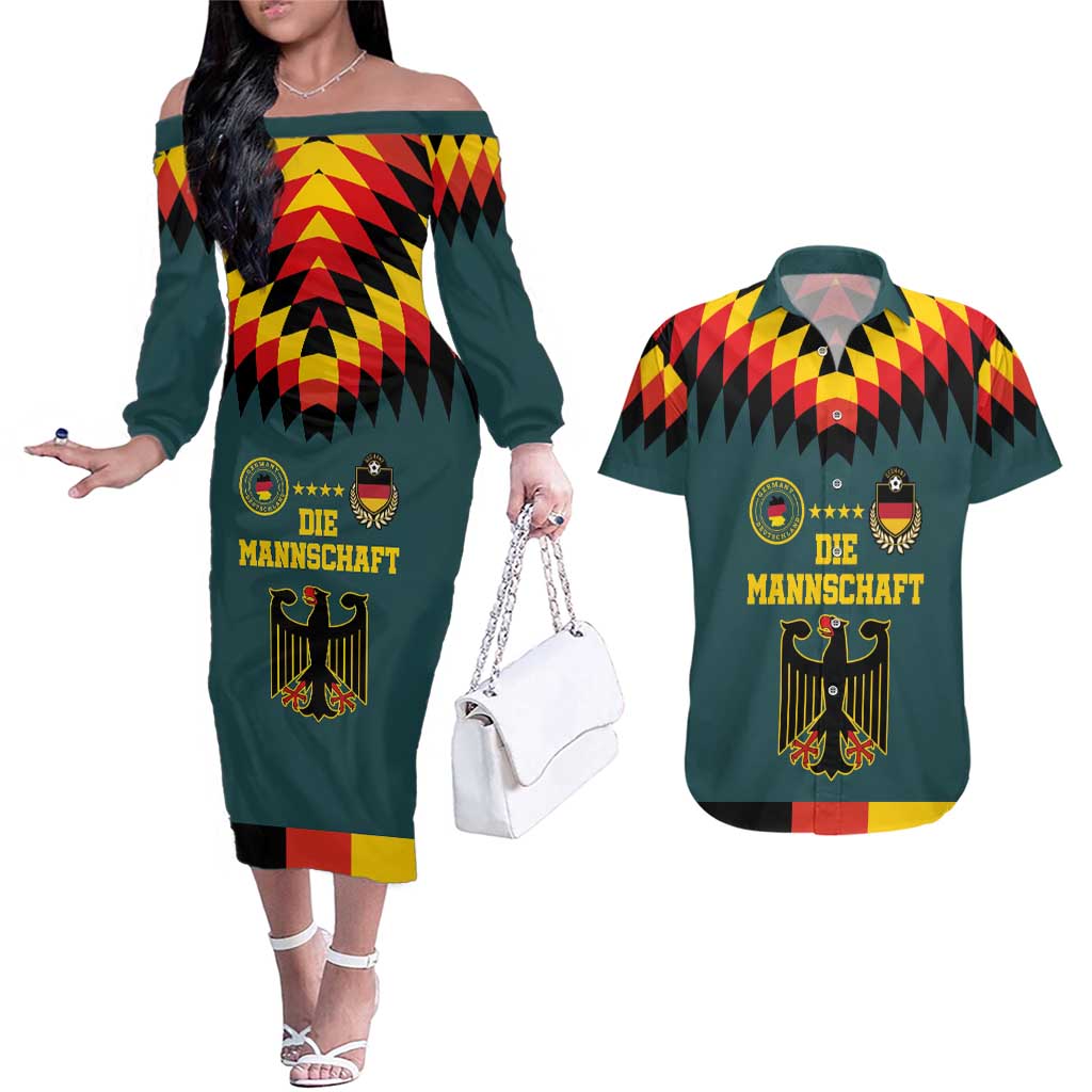 Custom Germany Football 2024 Go Champion Couples Matching Off The Shoulder Long Sleeve Dress and Hawaiian Shirt Design 90s Style Away Color - Wonder Print Shop