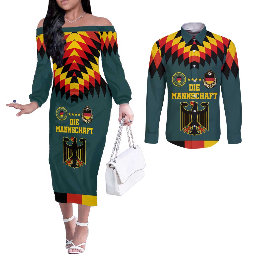 Custom Germany Football 2024 Go Champion Couples Matching Off The Shoulder Long Sleeve Dress and Long Sleeve Button Shirt Design 90s Style Away Color LT03