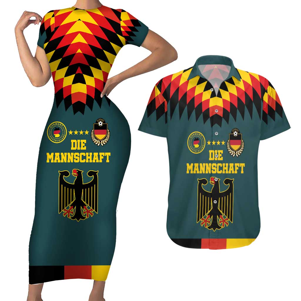 Custom Germany Football 2024 Go Champion Couples Matching Short Sleeve Bodycon Dress and Hawaiian Shirt Design 90s Style Away Color - Wonder Print Shop