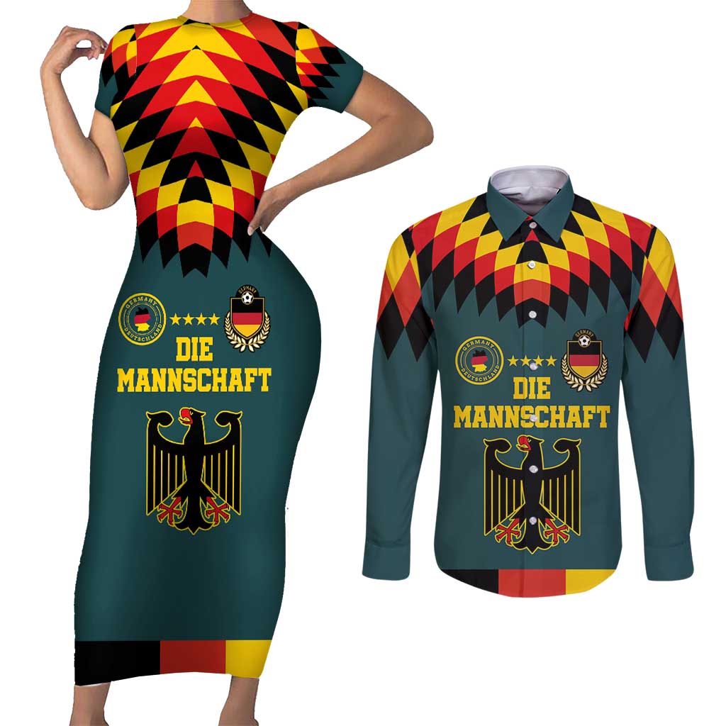 Custom Germany Football 2024 Go Champion Couples Matching Short Sleeve Bodycon Dress and Long Sleeve Button Shirt Design 90s Style Away Color - Wonder Print Shop