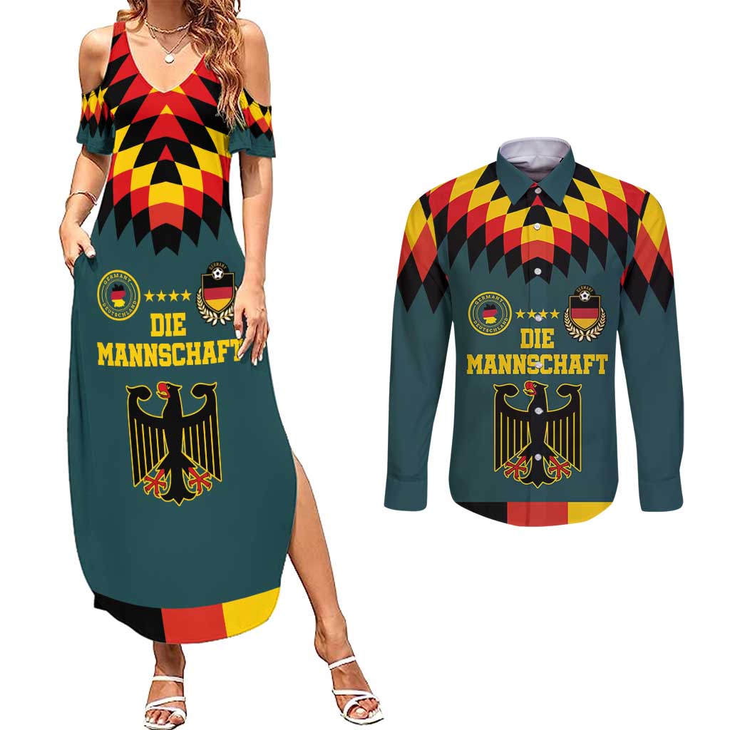 Custom Germany Football 2024 Go Champion Couples Matching Summer Maxi Dress and Long Sleeve Button Shirt Design 90s Style Away Color - Wonder Print Shop