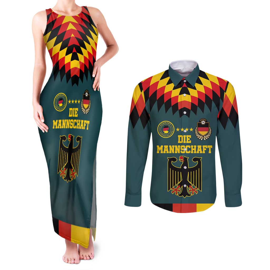 Custom Germany Football 2024 Go Champion Couples Matching Tank Maxi Dress and Long Sleeve Button Shirt Design 90s Style Away Color - Wonder Print Shop