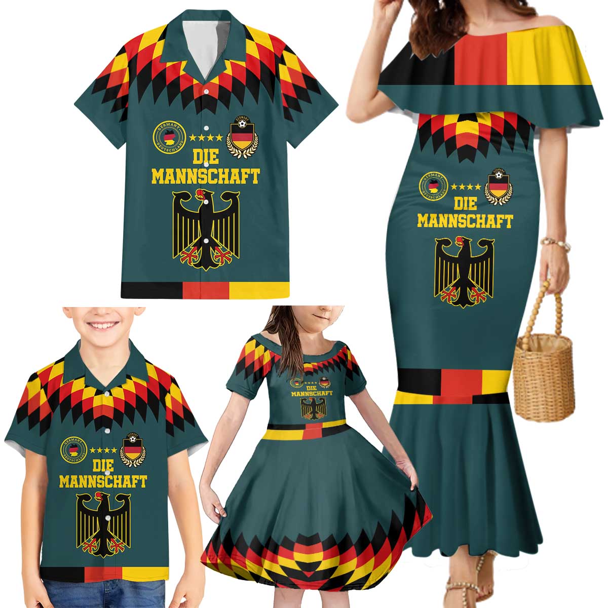 Custom Germany Football 2024 Go Champion Family Matching Mermaid Dress and Hawaiian Shirt Design 90s Style Away Color - Wonder Print Shop