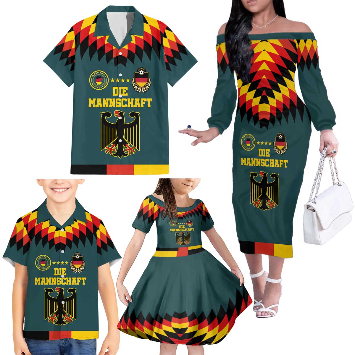 Custom Germany Football 2024 Go Champion Family Matching Off The Shoulder Long Sleeve Dress and Hawaiian Shirt Design 90s Style Away Color - Wonder Print Shop