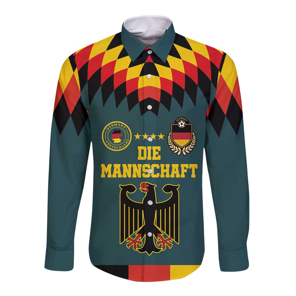 Long-sleeve button football shirt in teal with colorful graphic crest and lettering