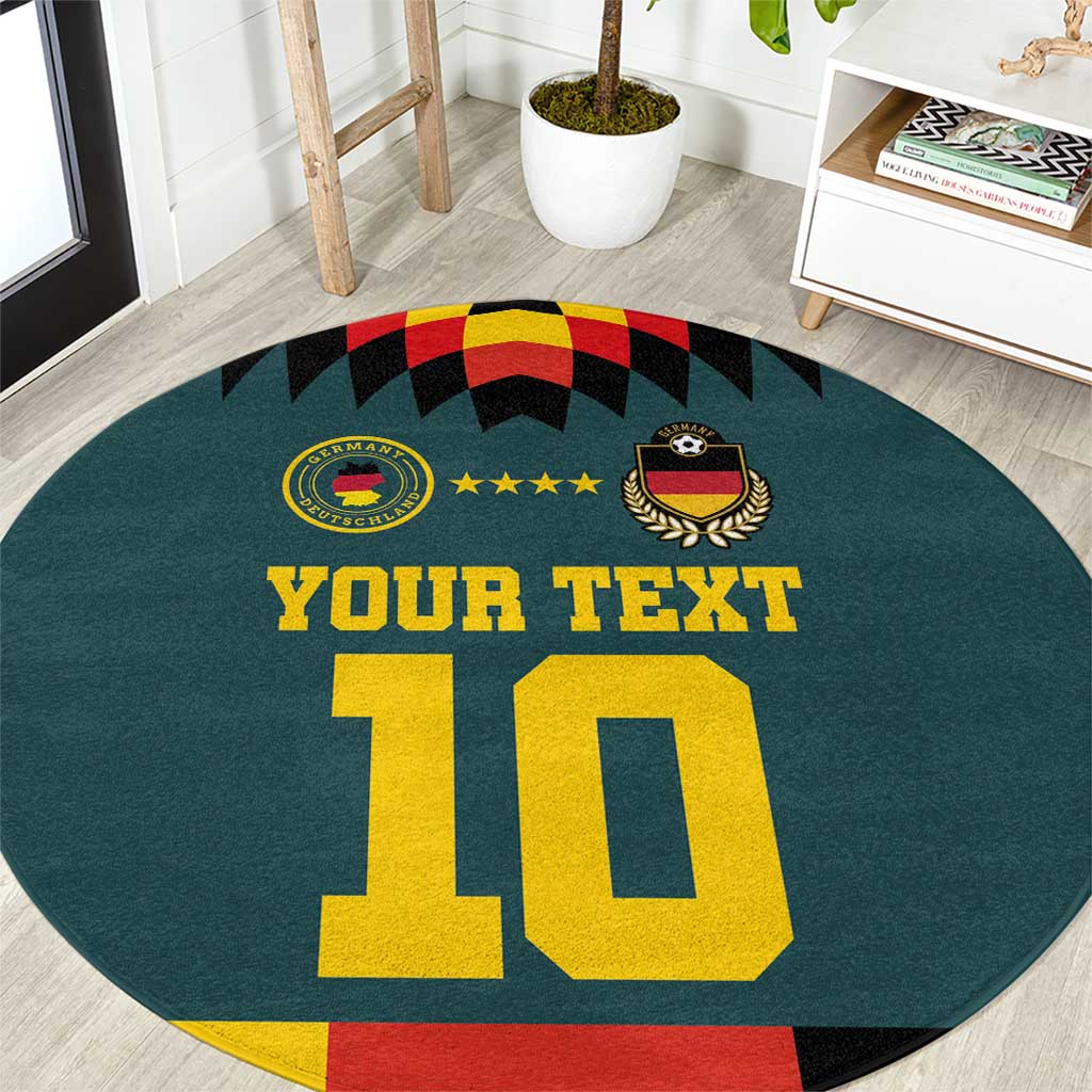 Teal round football rug with YOUR TEXT 10 and German crest logos, red-black accents
