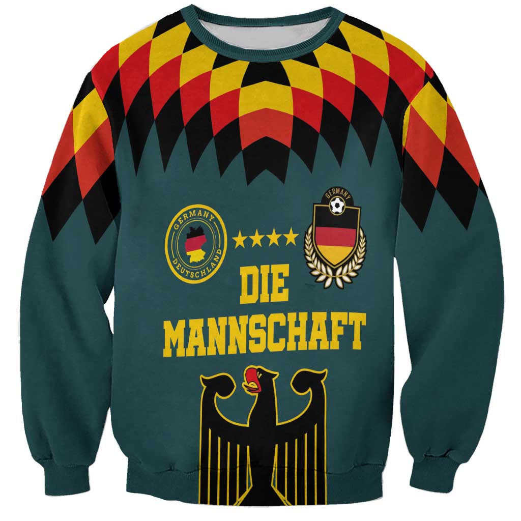 Teal crewneck sweatshirt with Germany football graphic and 'Die Mannschaft' print