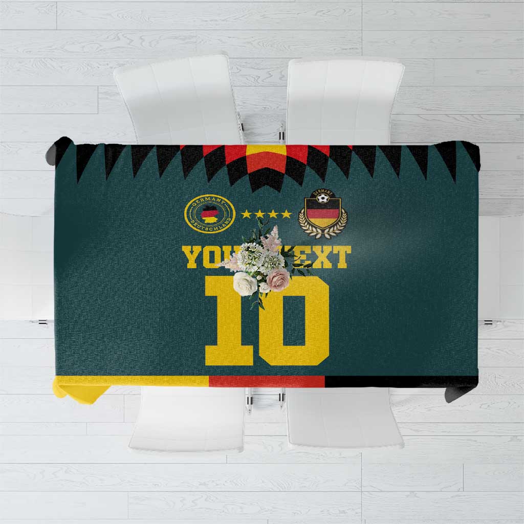Teal football tablecloth with gold number 10 and crest graphic, black zigzag border
