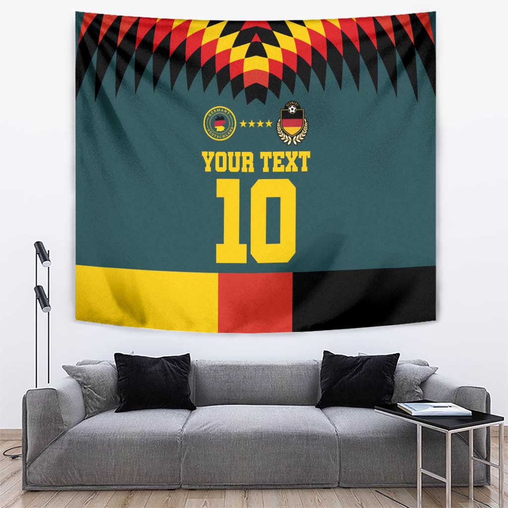 Teal football tapestry with Germany-style crests, 'YOUR TEXT', and large yellow '10'.